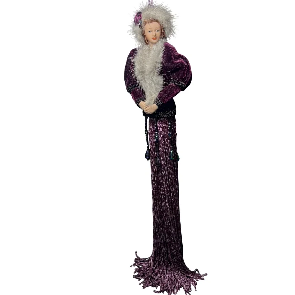 Drape Tassel Doll Ornament Purple Velvet Porcelain Victorian Faux Fur 11.5
